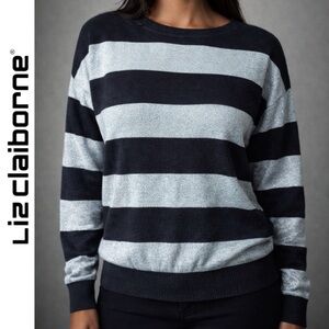 NEW Liz Claiborne Charcoal/Metallic Silver Stripe Sweater Size L